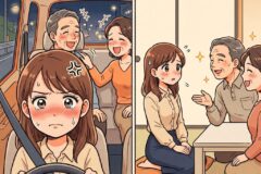 Two-panel scene about harassment and support: left, a distressed young woman drives while an older couple in the back flirts; right, she sits with a sympathetic elder and others at a table, listening as he speaks kindly.