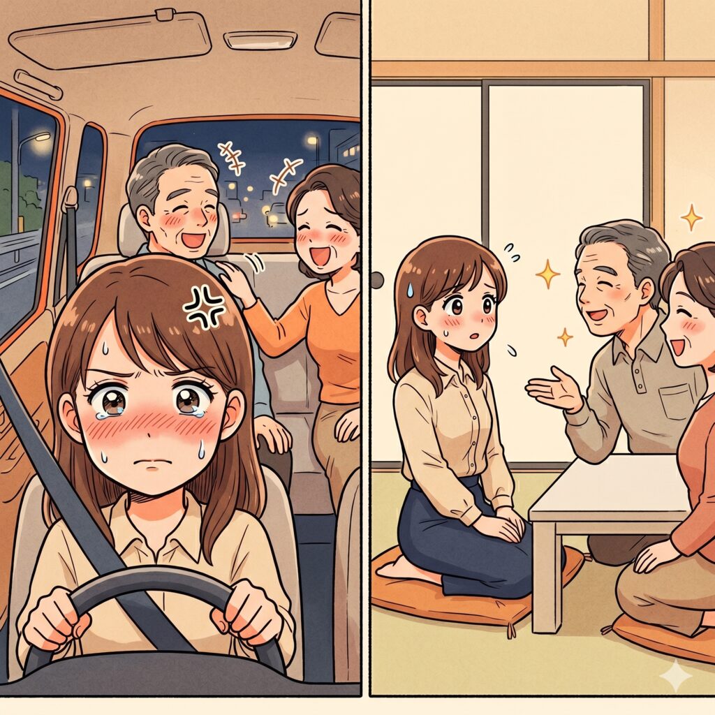 Two-panel scene about harassment and support: left, a distressed young woman drives while an older couple in the back flirts; right, she sits with a sympathetic elder and others at a table, listening as he speaks kindly.