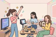 Group of friends in a living room singing karaoke, holding a mic while others watch and clap, with drinks and snacks on the table and colorful string lights overhead