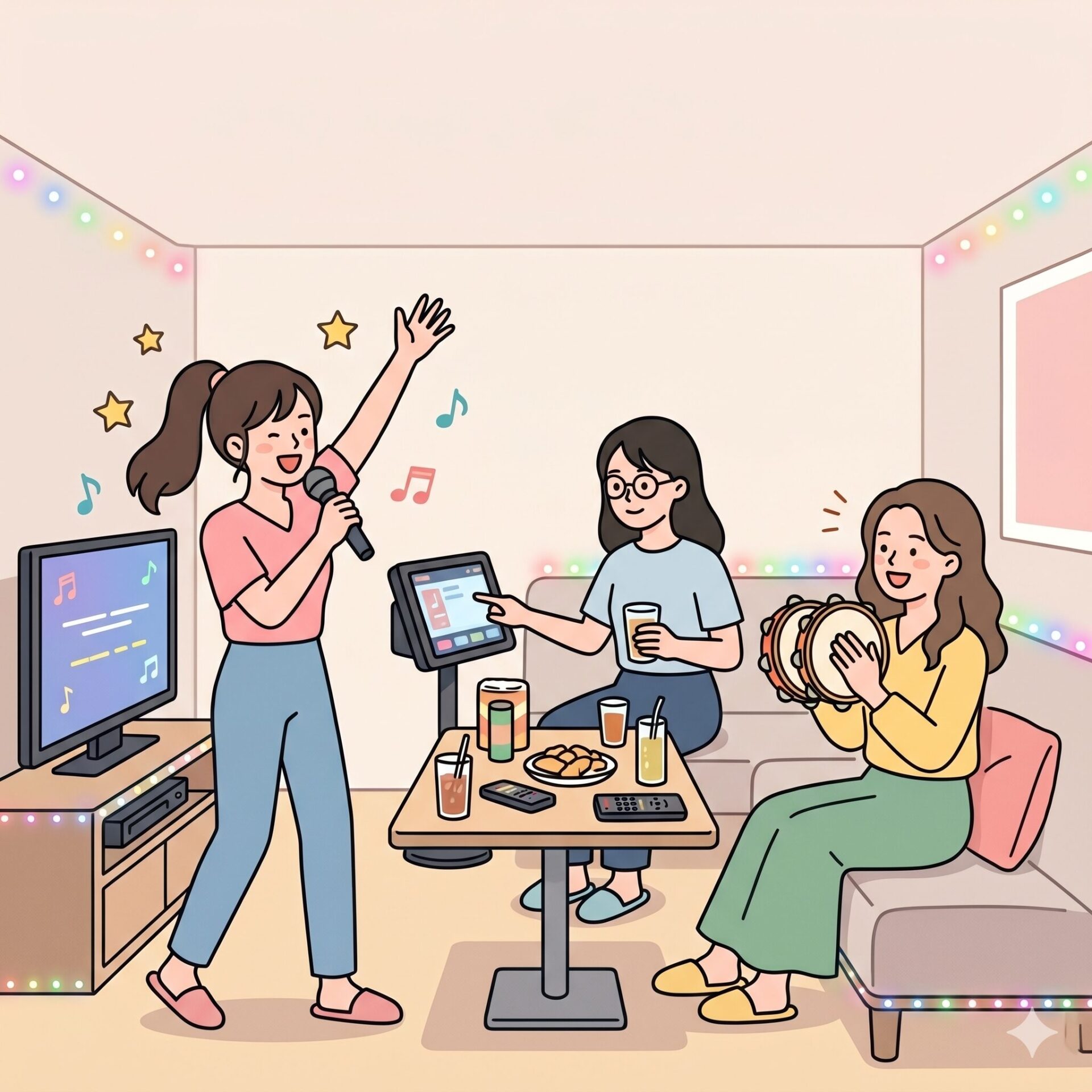 Group of friends in a living room singing karaoke, holding a mic while others watch and clap, with drinks and snacks on the table and colorful string lights overhead
