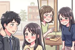 Group of friends in a living room split by a black divider; a man in a suit looks anxious while a girl in beige blushes, others nearby react.