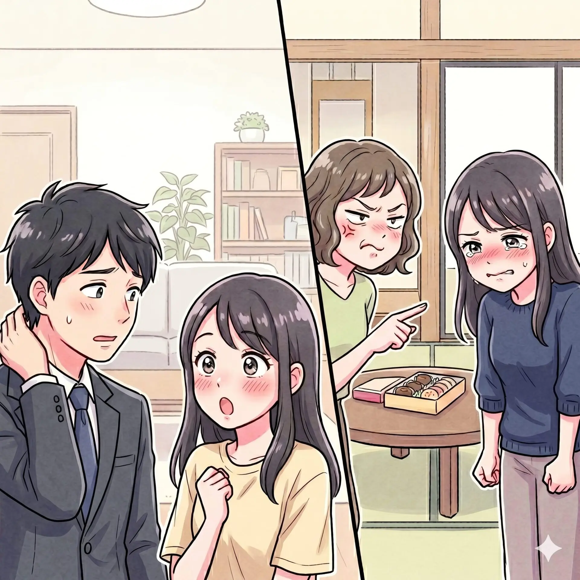 Group of friends in a living room split by a black divider; a man in a suit looks anxious while a girl in beige blushes, others nearby react.