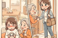Two-panel comic: left shows a tired young woman sipping tea while an older woman chats warmly beside her; right shows a younger woman entering the home and being greeted by the same older woman at the doorway.