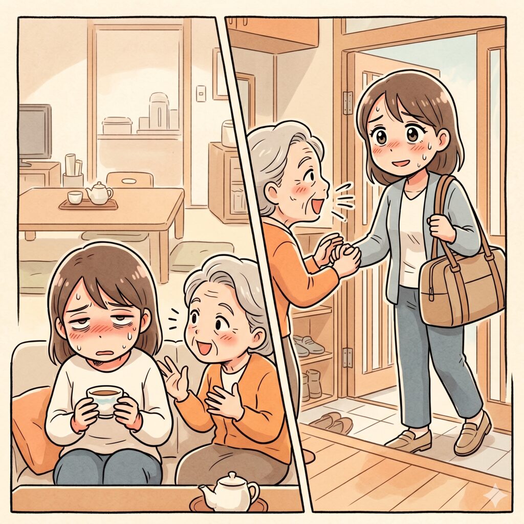 Two-panel comic: left shows a tired young woman sipping tea while an older woman chats warmly beside her; right shows a younger woman entering the home and being greeted by the same older woman at the doorway.