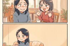 Two women at a cafe; one looks nervous while the other chats animatedly with raised hands, coffee on the table behind them.