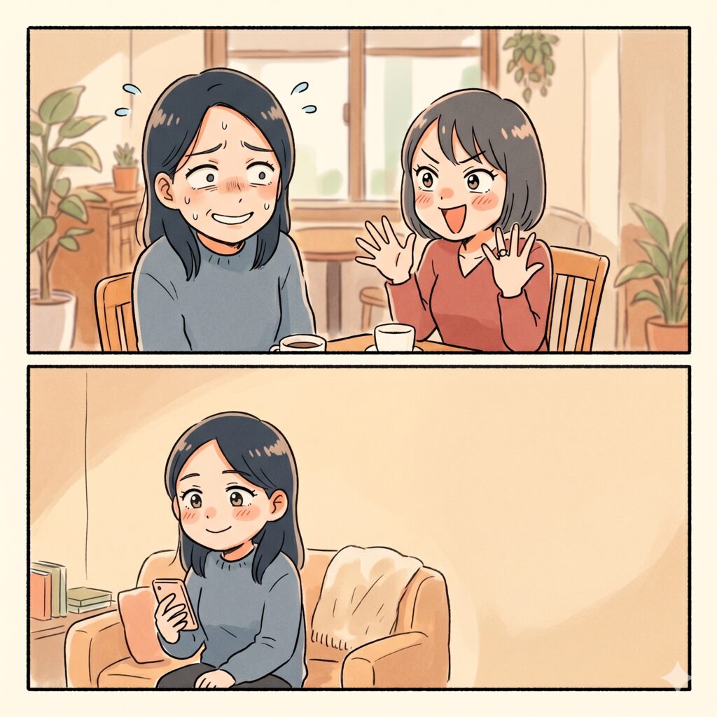 Two women at a cafe; one looks nervous while the other chats animatedly with raised hands, coffee on the table behind them.