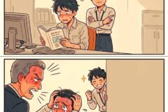 Office scene: a weary employee at a desk reads a book while a boss scowls with arms crossed nearby.