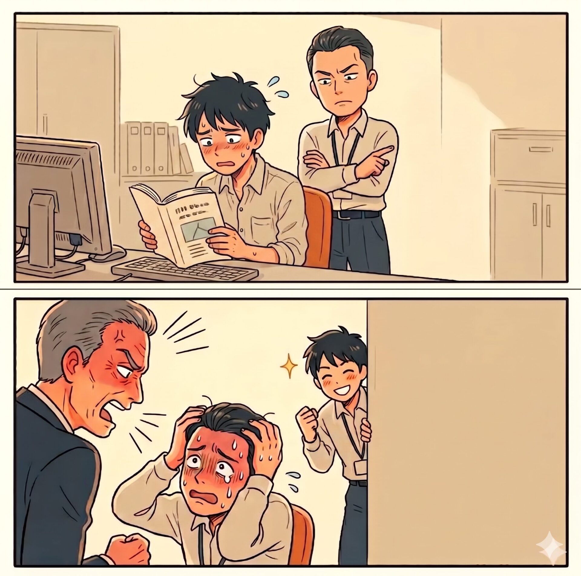 Office scene: a weary employee at a desk reads a book while a boss scowls with arms crossed nearby.