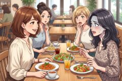 Four women around a wooden table at a cafe, mid-meal, one smiling, others surprised or concerned as they eat pasta and salads.