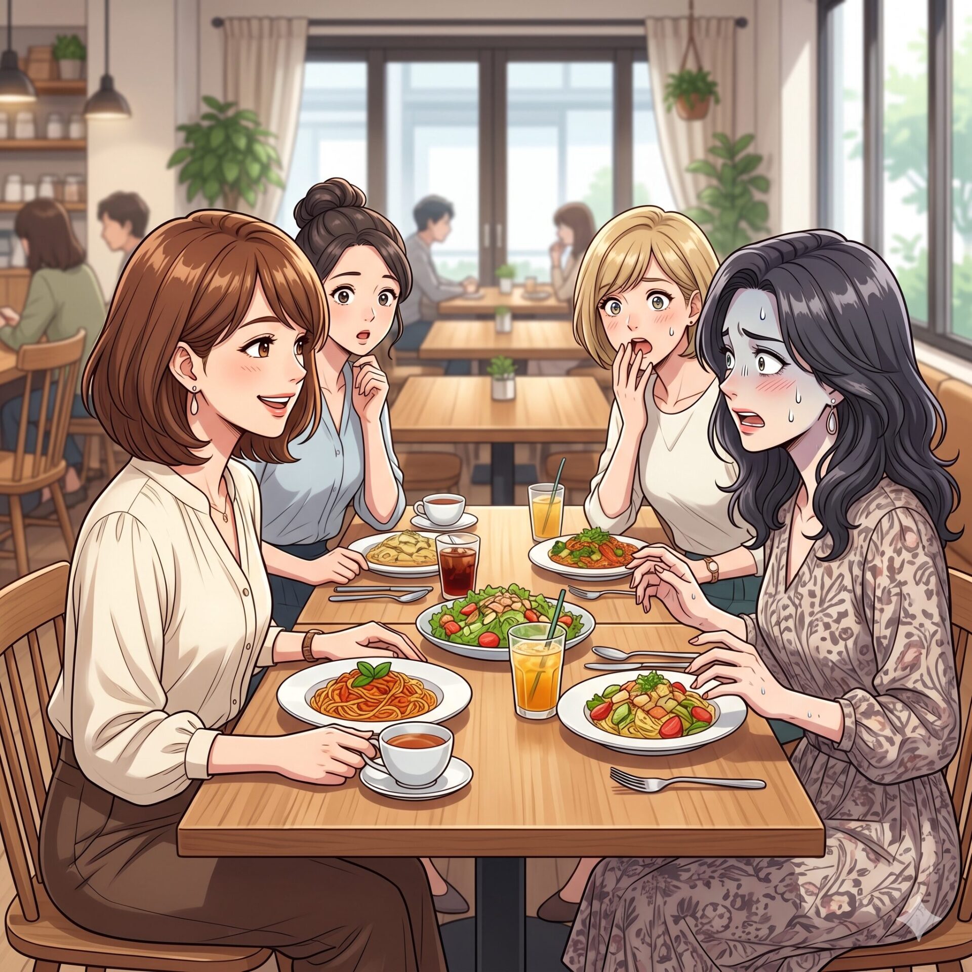 Four women around a wooden table at a cafe, mid-meal, one smiling, others surprised or concerned as they eat pasta and salads.