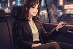 Woman in a black blazer and white blouse sitting in the backseat of a car at night, city lights outside the window