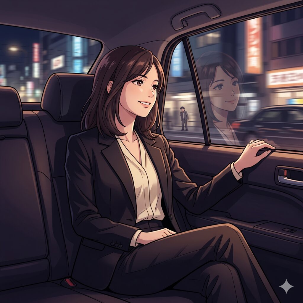 Woman in a black blazer and white blouse sitting in the backseat of a car at night, city lights outside the window