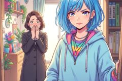 Blue-haired person in a pastel hoodie opens a door; a distressed woman in a blazer covers her face in the background.