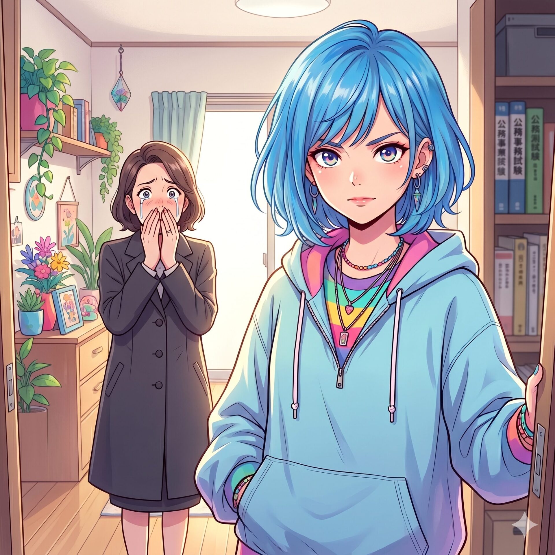 Blue-haired person in a pastel hoodie opens a door; a distressed woman in a blazer covers her face in the background.