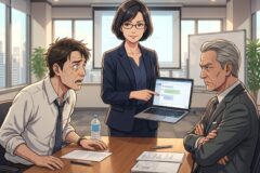 Businesswoman in a navy blazer presents data on a laptop to two anxious coworkers in a conference room. Papers and a water bottle are on the table.