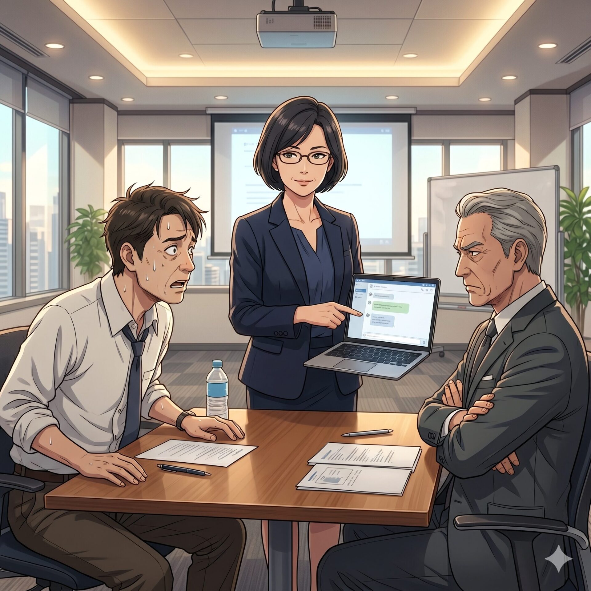 Businesswoman in a navy blazer presents data on a laptop to two anxious coworkers in a conference room. Papers and a water bottle are on the table.