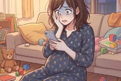 Pregnant woman in a blue floral dress sits on the floor, worried while using her phone at home surrounded by toys and a teddy bear at dusk.