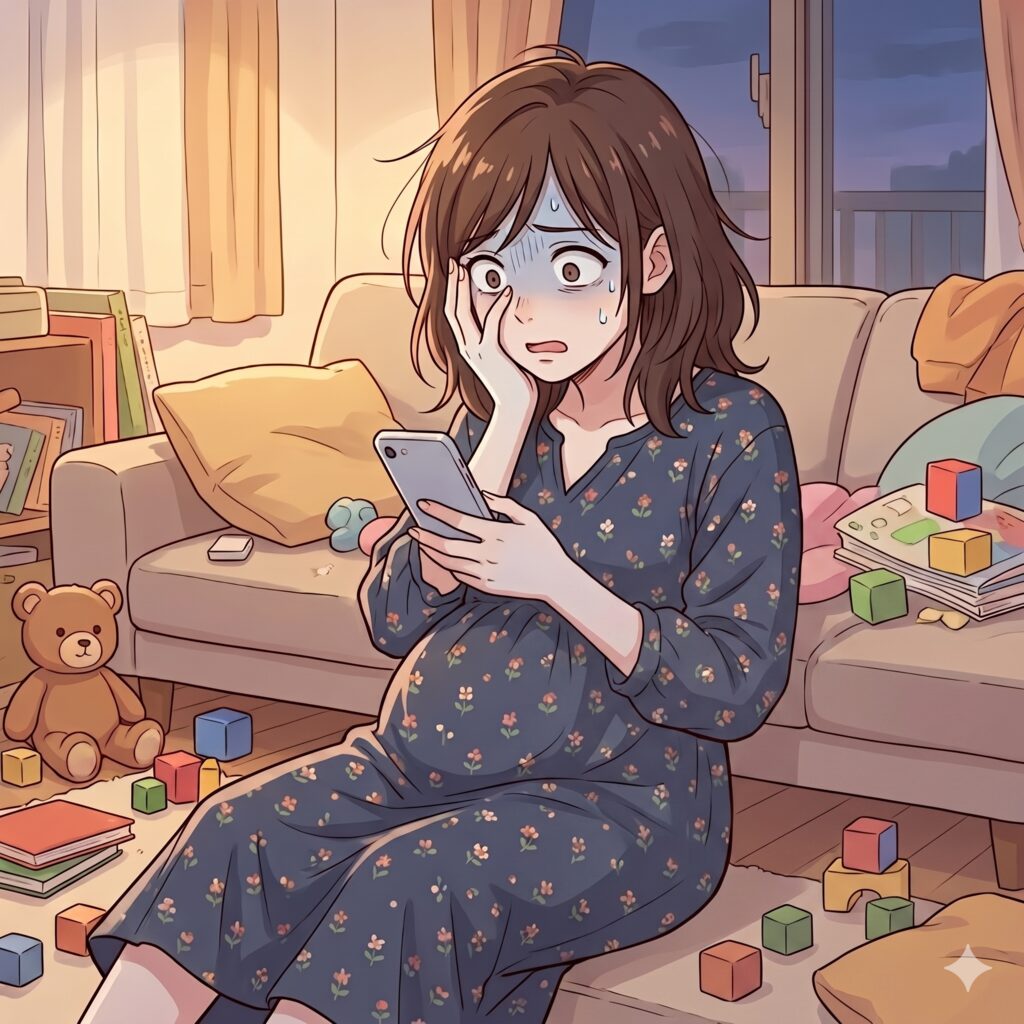 Pregnant woman in a blue floral dress sits on the floor, worried while using her phone at home surrounded by toys and a teddy bear at dusk.
