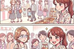 Girl with a ponytail selling donuts and pastries at a busy market stall as shoppers browse nearby.