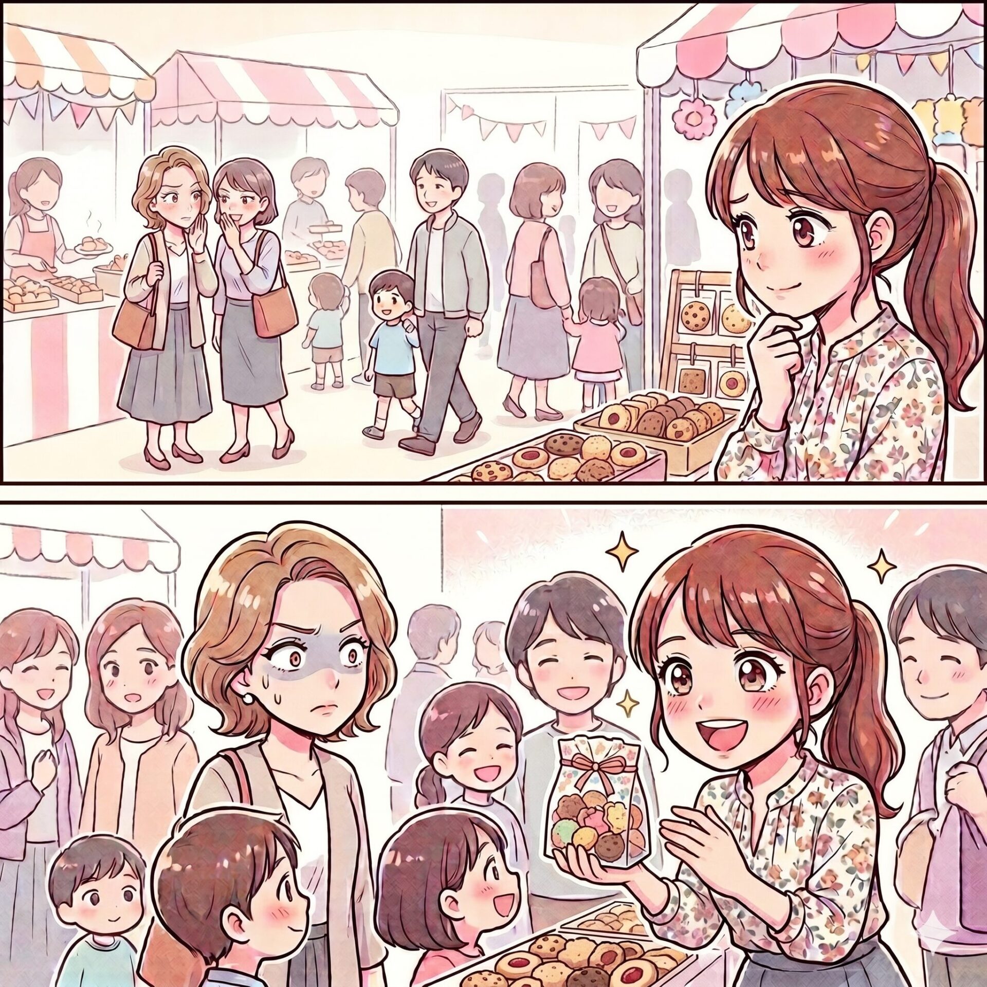 Girl with a ponytail selling donuts and pastries at a busy market stall as shoppers browse nearby.