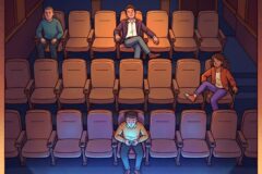 Dimly lit cinema auditorium with orange seats and four scattered patrons: a man in teal sweater left, a man in a suit center, a woman in orange jacket right, and a person in front using a phone at the screen edge.