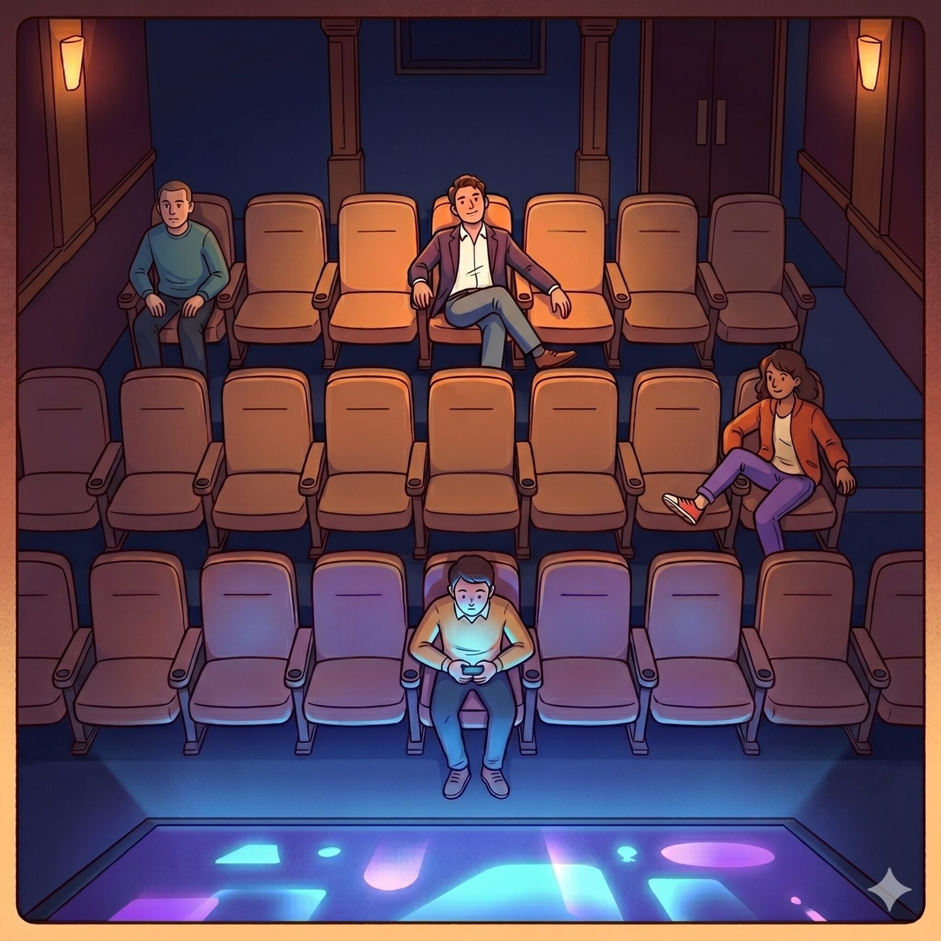 Dimly lit cinema auditorium with orange seats and four scattered patrons: a man in teal sweater left, a man in a suit center, a woman in orange jacket right, and a person in front using a phone at the screen edge.