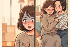 Panel 1: a worried young woman with brown hair looks at her phone, cheeks flushed and beads of sweat on her face.