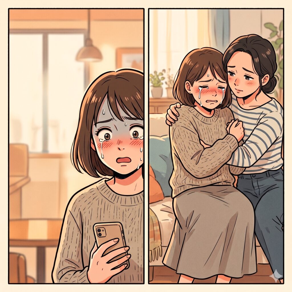 Panel 1: a worried young woman with brown hair looks at her phone, cheeks flushed and beads of sweat on her face.