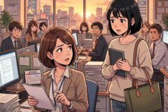 Busy office at sunset with coworkers at desks; woman in foreground holds papers and looks anxious .