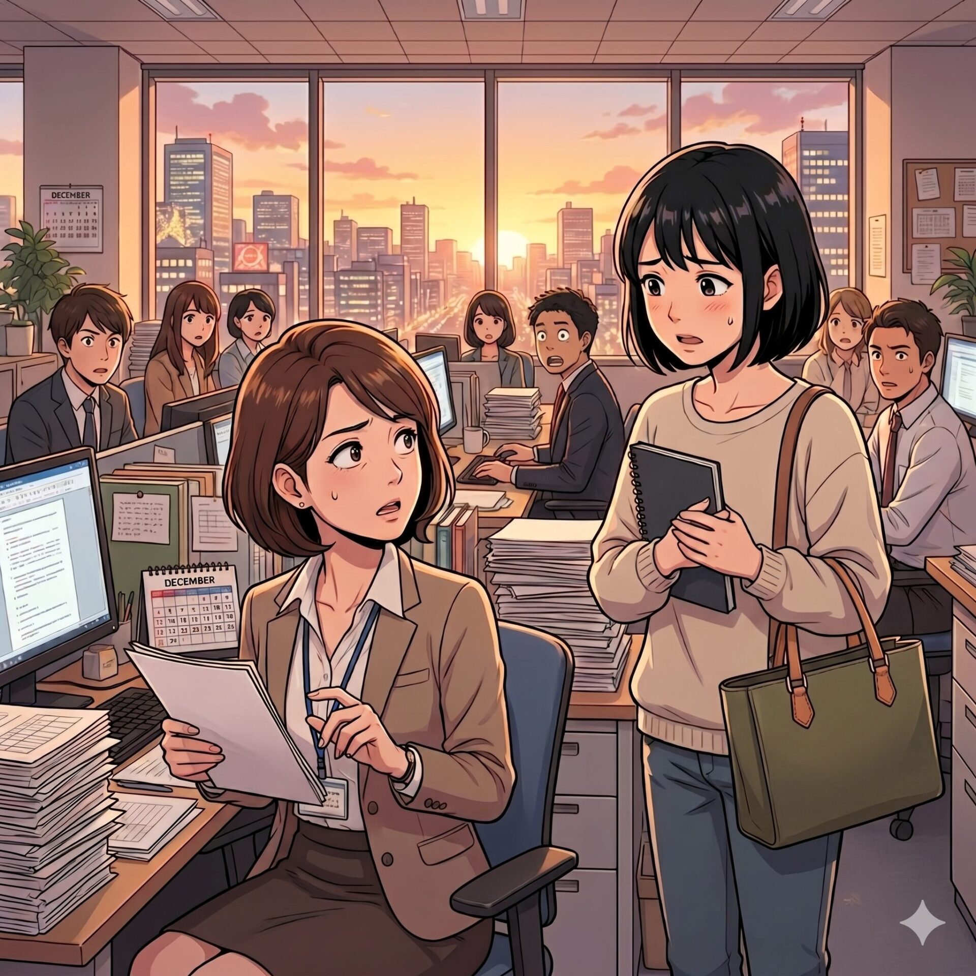 Busy office at sunset with coworkers at desks; woman in foreground holds papers and looks anxious .