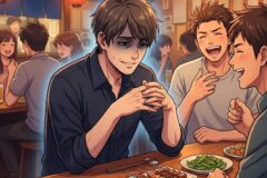 Three young men share a meal at a wooden counter in a cozy Japanese izakaya, with skewers and edamame in view in the foreground.