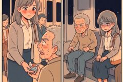 A shy young woman blushes as she hands a small object to a seated older man on a dim subway car, with other passengers nearby.