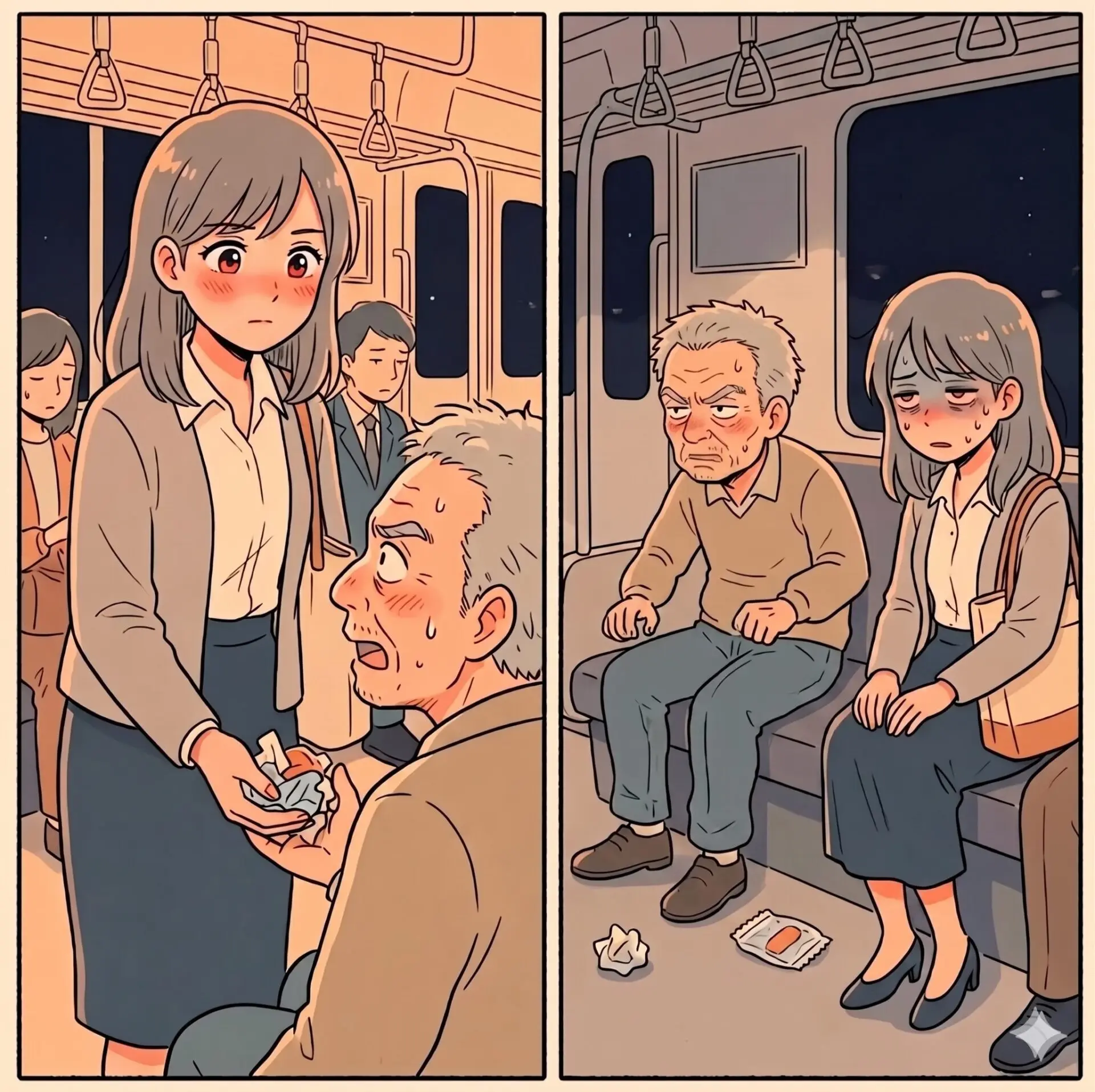 A shy young woman blushes as she hands a small object to a seated older man on a dim subway car, with other passengers nearby.