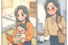 Panel 1: a mother sits cross‑legged on the floor reading an orange book to her smiling baby in a cozy sunlit room with a bed and bookshelf nearby. Panel 2: a woman with a tote bag at a checkout, sweaty and blushing, inserting a slip into a payment terminal.