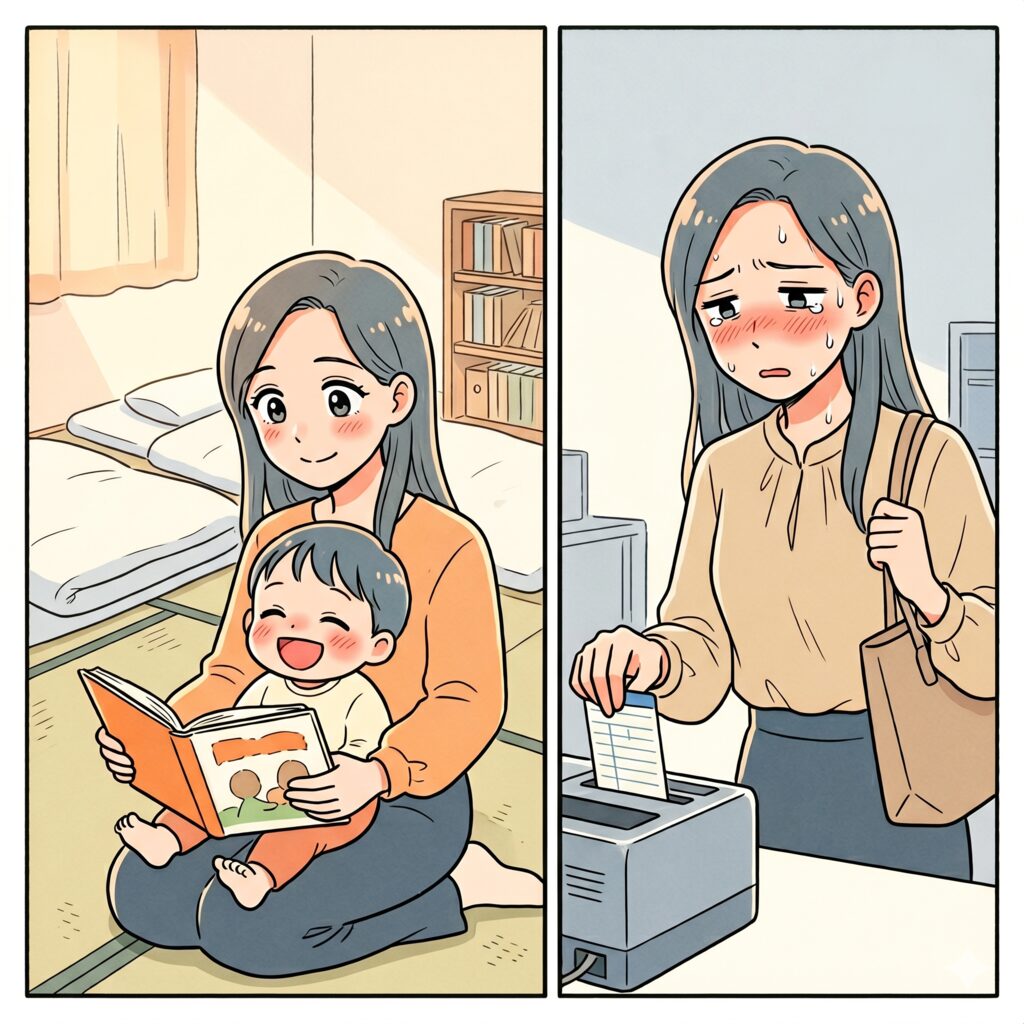 Panel 1: a mother sits cross‑legged on the floor reading an orange book to her smiling baby in a cozy sunlit room with a bed and bookshelf nearby. Panel 2: a woman with a tote bag at a checkout, sweaty and blushing, inserting a slip into a payment terminal.