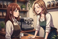 Two women baristas chat behind a wooden counter in a cozy cafe with jars of coffee beans on shelves and potted plants behind them.