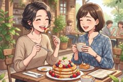 Two women are at an outdoor cafe, smiling as they share a berry-topped pancake dessert and coffee.