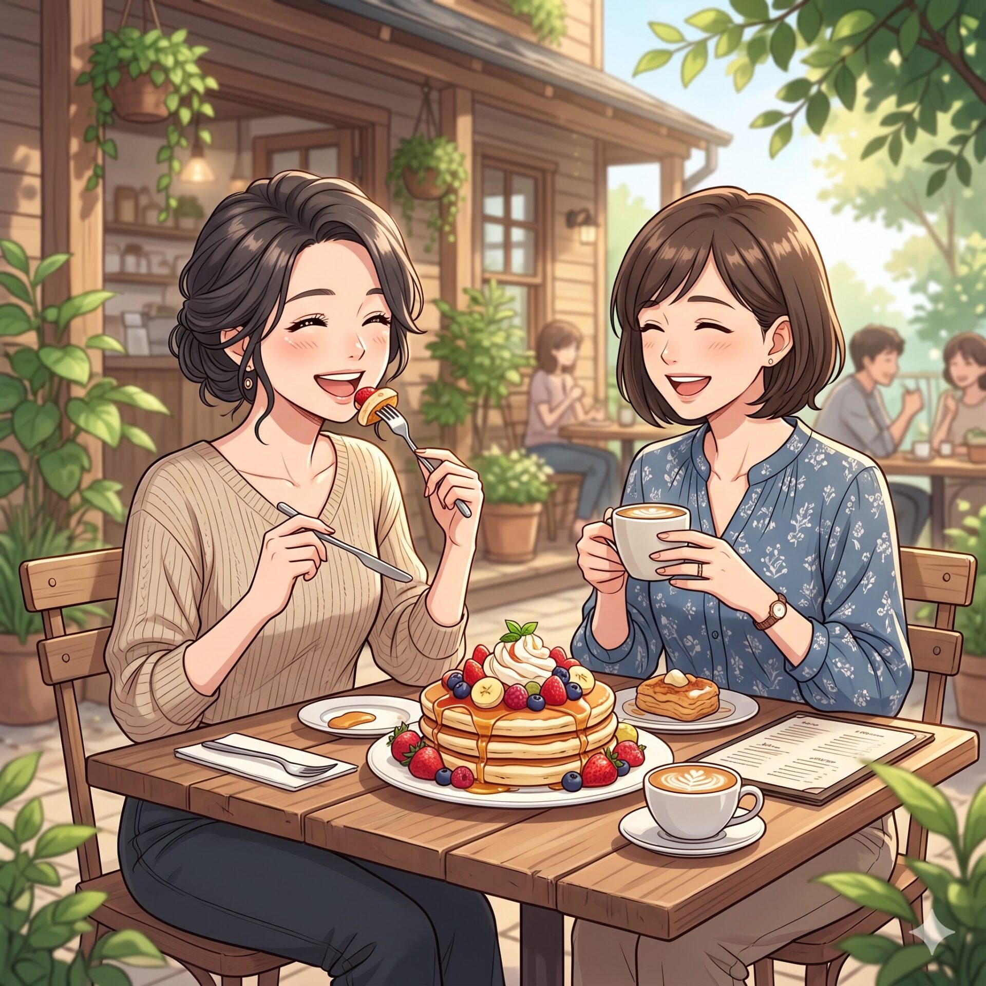 Two women are at an outdoor cafe, smiling as they share a berry-topped pancake dessert and coffee.