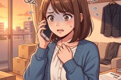 An anxious girl on the phone at a desk during sunset, with cardboard boxes and a coat hanging in the background.