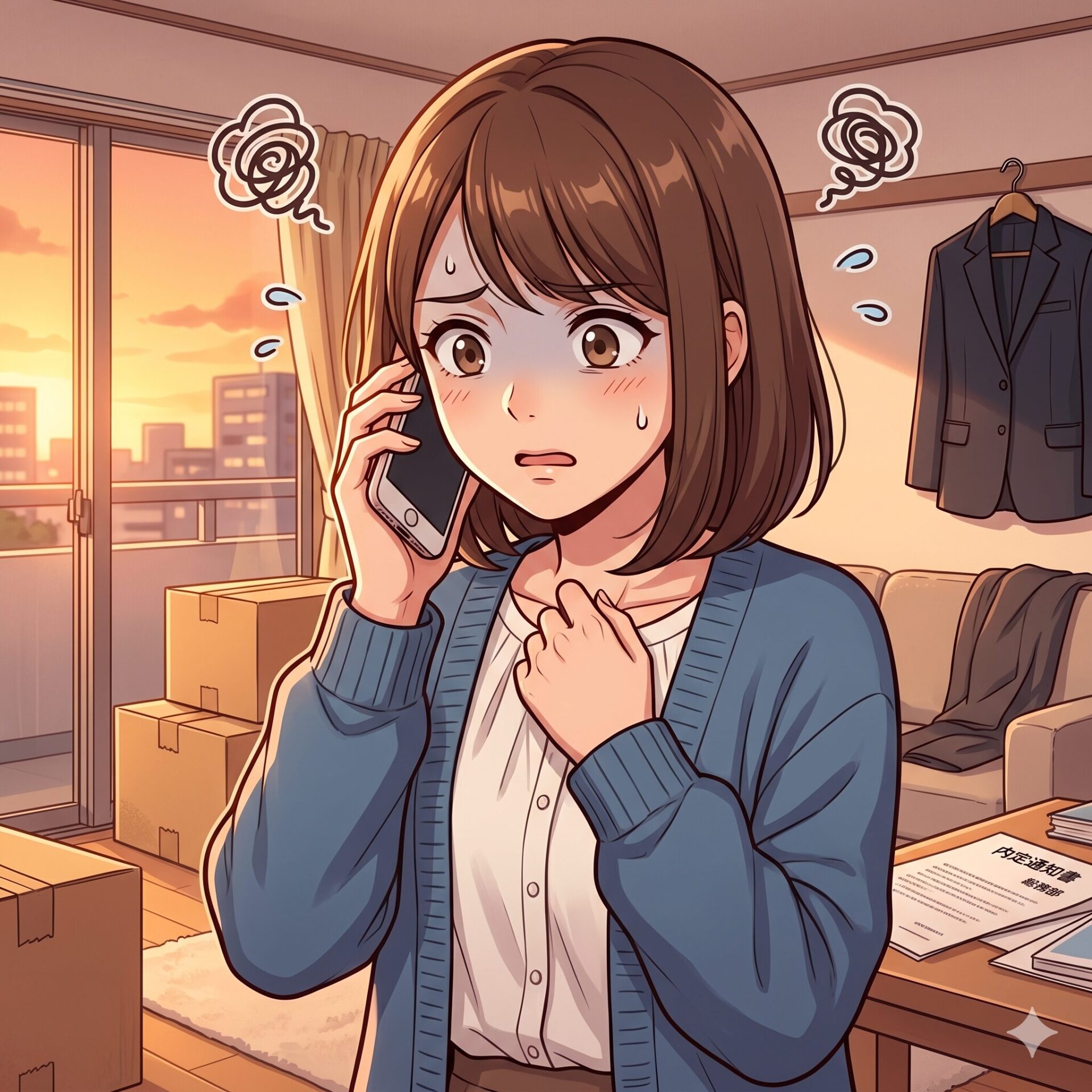 An anxious girl on the phone at a desk during sunset, with cardboard boxes and a coat hanging in the background.