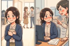Two-panel office scene: left shows a smiling woman holding a notebook in a bright hallway; background coworkers chat. Right shows a coworker angrily pointing at her at a desk.