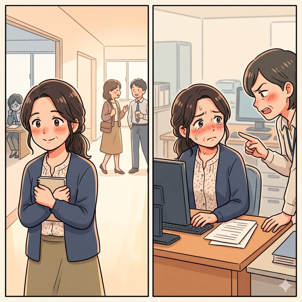 Two-panel office scene: left shows a smiling woman holding a notebook in a bright hallway; background coworkers chat. Right shows a coworker angrily pointing at her at a desk.