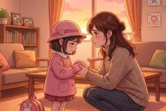 A mother kneels to hold her daughter's hands in a warm, sunset-lit living room, offering comfort.