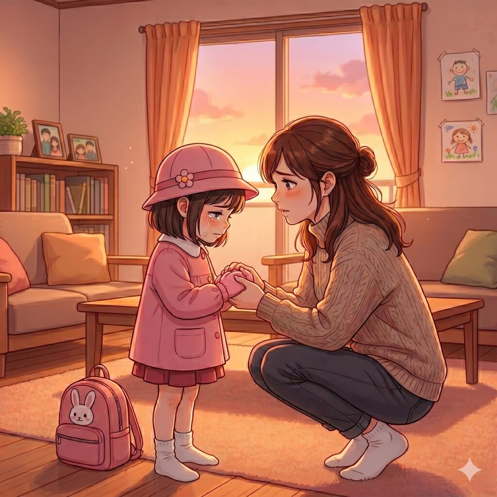 A mother kneels to hold her daughter's hands in a warm, sunset-lit living room, offering comfort.