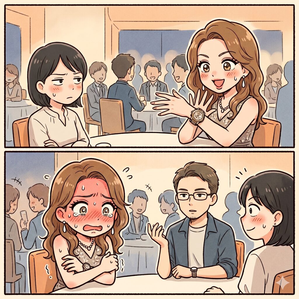 Two women at a restaurant table; one enthusiastically gestures while the other looks uneasy with blushing cheeks.