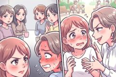 Comic panel: left shows four women at a cafe with worried expressions; right shows a distressed girl being comforted by another woman in a park area.