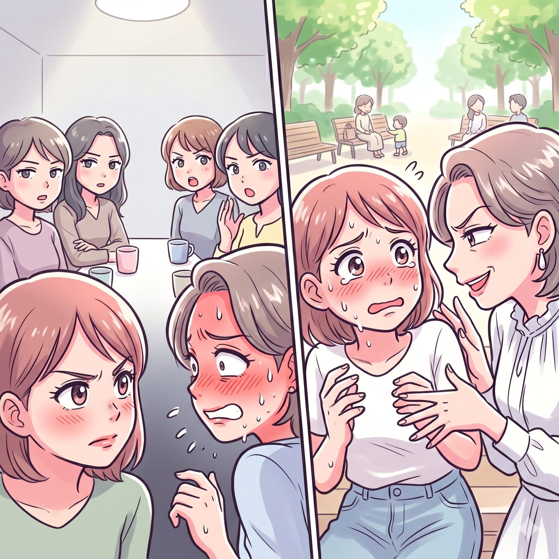 Comic panel: left shows four women at a cafe with worried expressions; right shows a distressed girl being comforted by another woman in a park area.