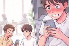 Group of friends at a cafe reacting in surprise as a boy blushes and looks at his phone on his own panel.