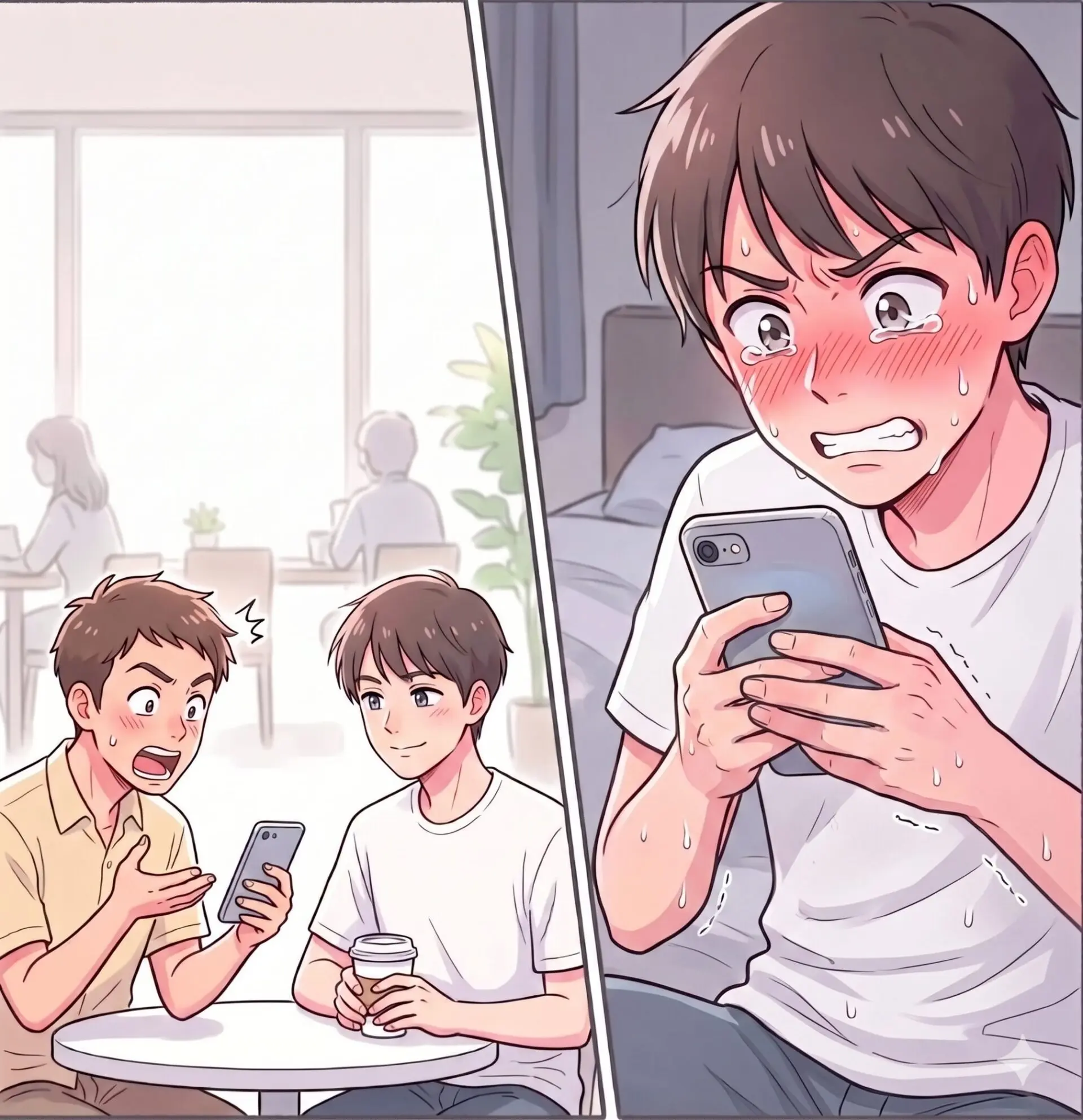 Group of friends at a cafe reacting in surprise as a boy blushes and looks at his phone on his own panel.