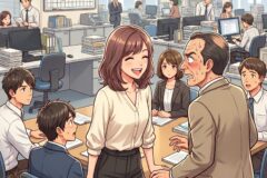 Busy open-plan office with employees at desks, some talking, others on computers; two central figures stand nearby as others work around them.